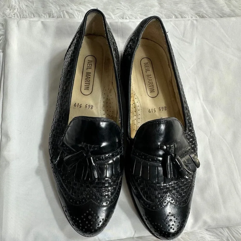 Neil Martin Black Woven Leather Tassel Loafers Mens 9 Kiltie Wingtip Brogue VTG